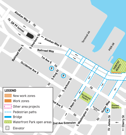 Map showing Construction zone between Alaska way, 2nd Ave Extension, and James St. On the south side of Elliot Bay.